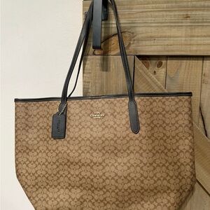 Coach Tan Signature Tote Bag (Small C) Brown Canvvas | Black Leather